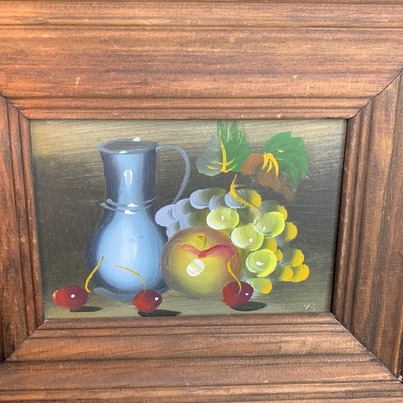 Vintage acrylic / oil painting - fruit and pitcher on wood - Picture 2 of 9